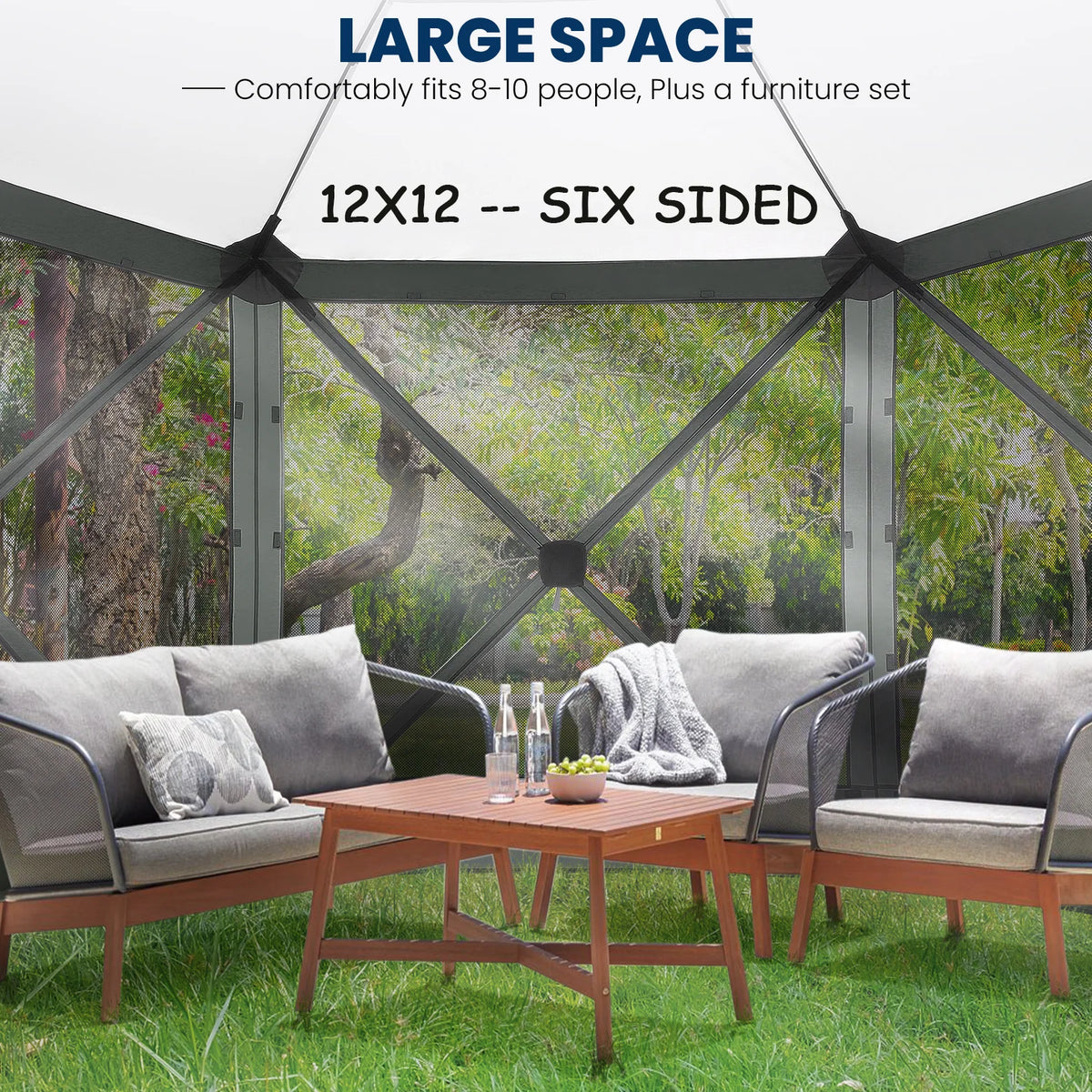 COBIZI 12'x12' Pop-up Gazebo Outdoor Camping Tent with 6 Sides Mosquito Netting, Waterproof, UV Resistant, Portable Screen House Room, Easy Set-up Party Tent with Carry bag, Ground Spike, Brown