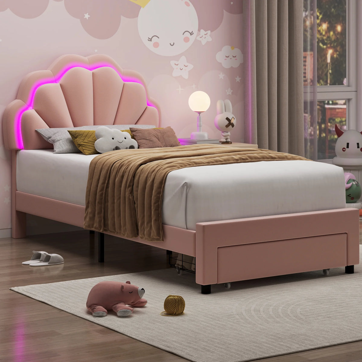 Homfa Twin Bed Frame with Storage & LED Light, Velvet Upholstered Platform Twin Bed with Adjustable Petal Headboard, Beige