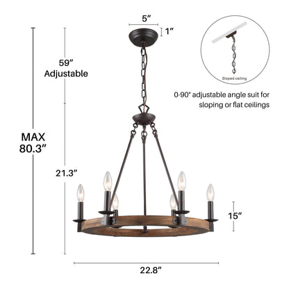 LNC 6-Light Distressed Brown and Bronze Wagon Wheel Farmhouse Chandelier