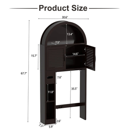 HARIPUL Over The Toilet Storage Cabinet w/ Unique Wood Grain & Arc Design, Freestanding Bathroom Shelf Organizer Space Saver w/ Doors & Anti-Tip Device, Wood Color