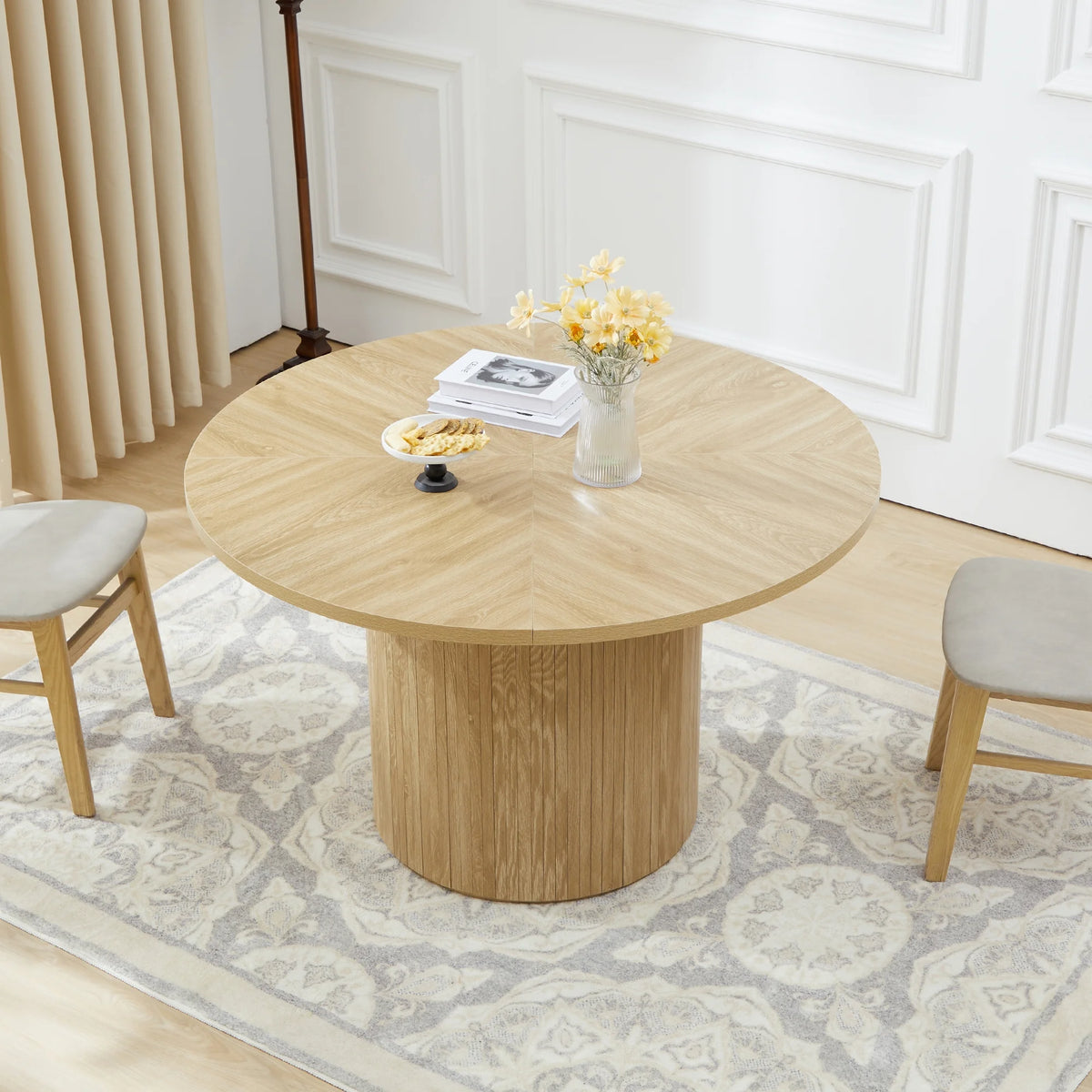Wirrytor Round Dining Table, Modern Farmhouse Kitchen Table, 47 Inch Coffee Circle Dining Tables with Wood Strip Base for Kitchen Living Room, Black