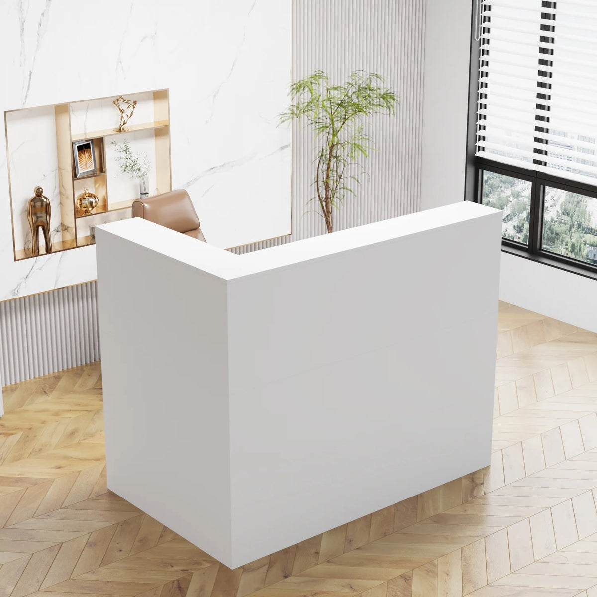 MONSLIPA L-Shape Wood Reception Desk with , Register Stand Reception Center Desk, White