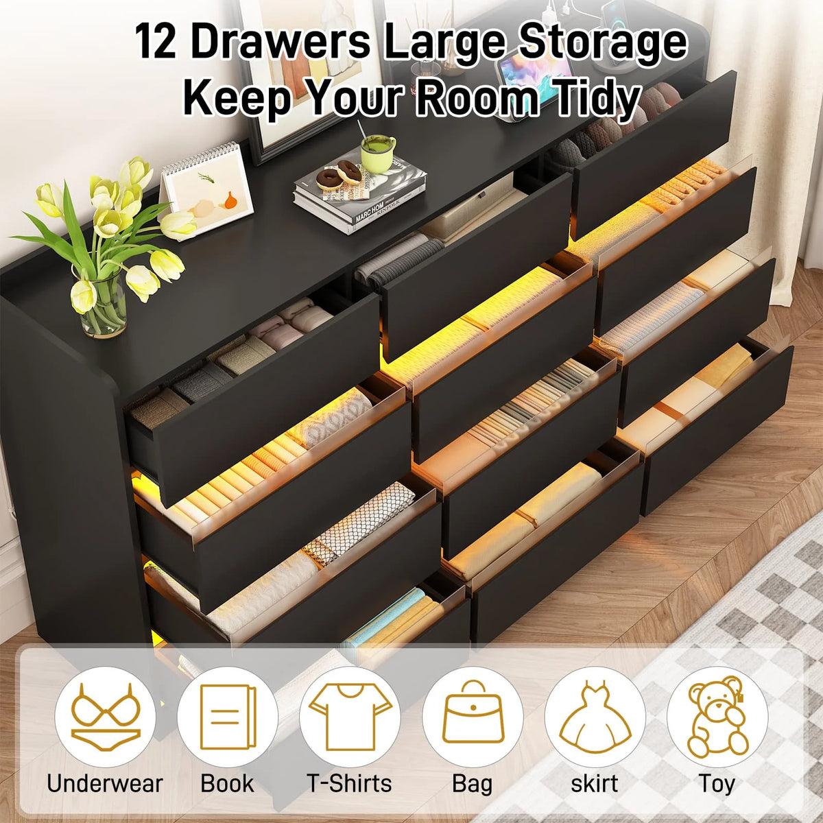 9 Drawer Dresser for Bedroom with Power Outlet, 63" Large Dresser with LED Light, Wooden Dresser For Closet, Chest of Drawers with Raised Edges
