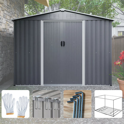 LZBEITEM 10 x 10 ft Outdoor Storage Shed with Floor Frame Kit, Galvanized Steel Garden Sheds, Garden Tool Shed with Double Lockable Doors for Backyard Patio Lawn, Grey