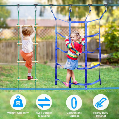 KloKick 50ft Ninja Warrior Obstacle Course with Slackline Monkey Bars and Saucer Swing