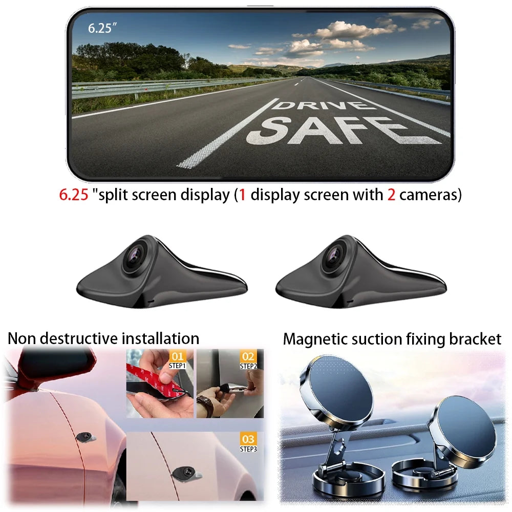 PDZGZ Left and Right Blind spot Side View Backup Camera System for Car with Monitor, Black, 6.25"