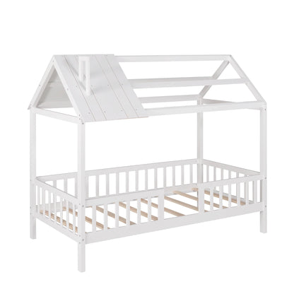 Euroco Twin Size Platform Bed, House Bed with Fence for Kids, Gray