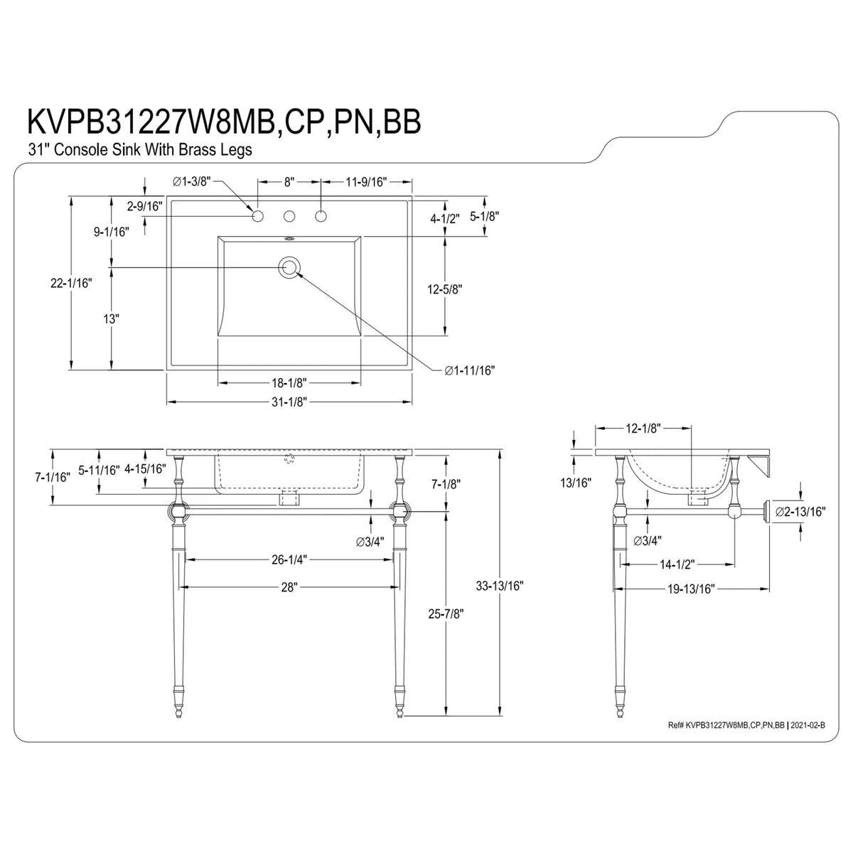 Kingston Brass KVPB31227W8PN Edwardian 31" Ceramic Console Sink with Brass Legs (8-Inch, 3-Hole), White/Polished Nickel