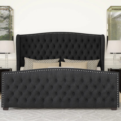 VANACC Queen Size Bed Frame, Velvet Upholstered Bed with Deep Button Tufted Wingback Headboard��Grey
