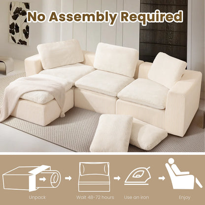Cloud Sectional Couches for Living Room, Modular L-Shaped Sofa with Ottoman, Corduroy Sleeper Sofa Bed, No Assembly Compression Memory Foam Couch,White
