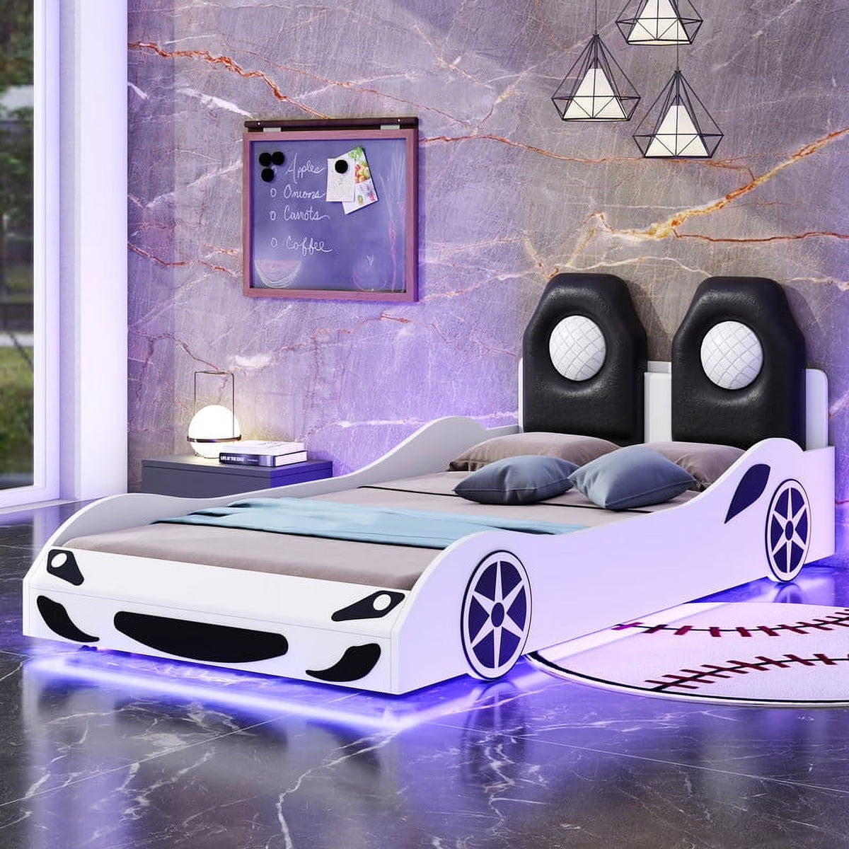 Bellemave Race Car Bed with LED Lights, Twin Size Bed Frame for Boys Kids Toddler Bed, Wooden Platform Racing Car Bed with Upholstered Backrest Headboard, No Box Spring Needed（White)