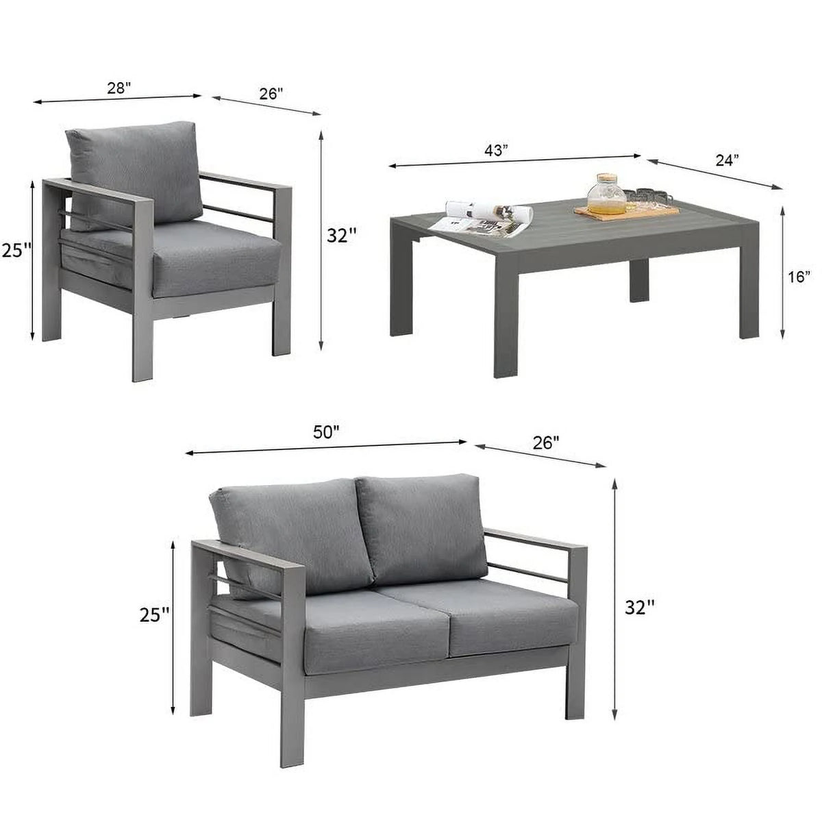 CozyHom 5 Pcs Outdoor Patio Aluminum Furniture Sofa Sets, Outside Patio Conversation Couch Sets With Table&Cushions for Garden Porch, Gray