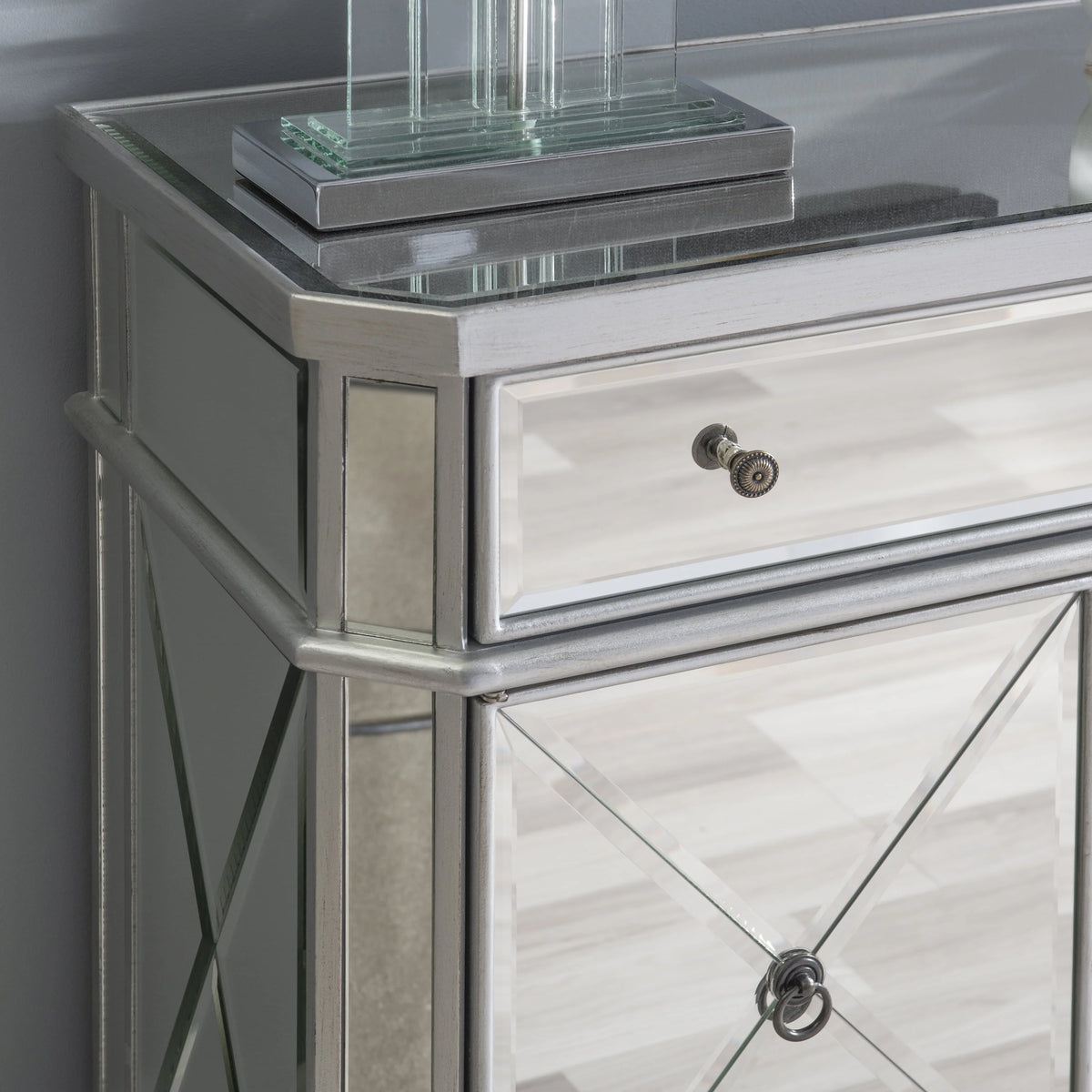 Powell Deville 2-Door Single Drawer Indoor Console Table with Shelves, Mirrored Surfaces and Luxe Silver Wood