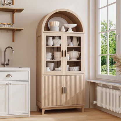 VEANERWOOD 71" Tall Arch Cabinet, Wood Fluted Kitchen Kitchen Storage Cabinet with 4 Doors and 6 Shelves for Dining Room Living Room