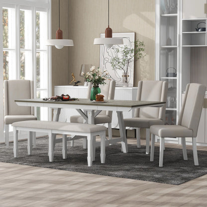 6 Piece Extendable Dining Table Set, Atumon Wood Dining Room Set for 6, Dining Table Set with 4 Beige Cushioned Chairs and Bench, Farmhouse Dining Table Set Furniture for Kitchen Dining Room, Natural