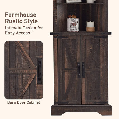 OKD Farmhouse Tall Corner Cabinet with Barn Door & Adjustable Shelves, 68" Rustic Wood Corner Cabinet with Storage Cabinet for Bathroom, Kitchen, Antique White