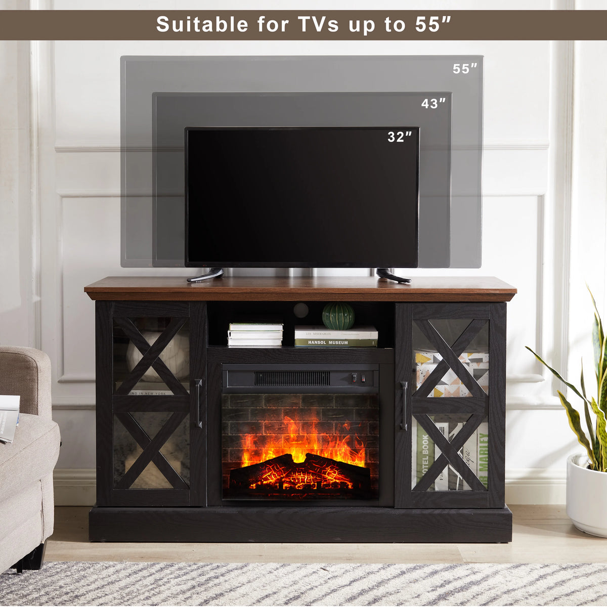 Mainstays Farmhouse Fireplace TV Stand for TVs up to 55", off White/Walnut