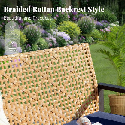 MF Studio 4-Piece All-Weather Rattan Patio Furniture Set, Outdoor Conversation Set with Wood Table, Brown and Beige