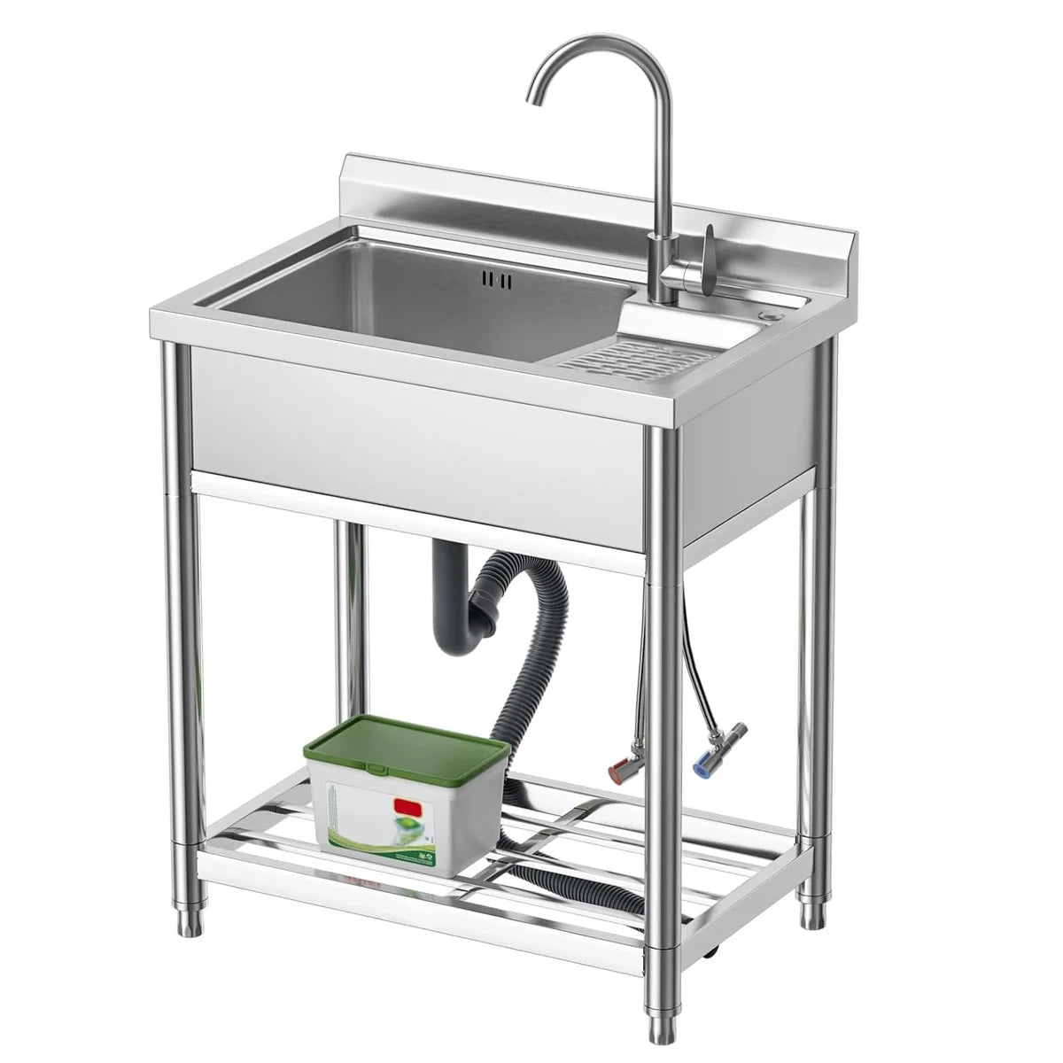 23.8'' Stainless Steel Sink Laundry Tub, Free Standing Laundry Sink with Washboard, Commercial Utility Tub with Cold & Hot Water Faucet for Garage Laundry Room Kitchen