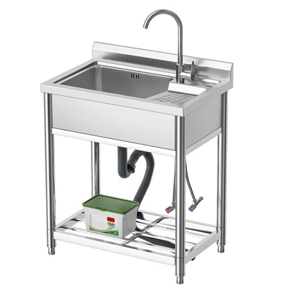 23.8'' Stainless Steel Sink Laundry Tub, Free Standing Laundry Sink with Washboard, Commercial Utility Tub with Cold & Hot Water Faucet for Garage Laundry Room Kitchen