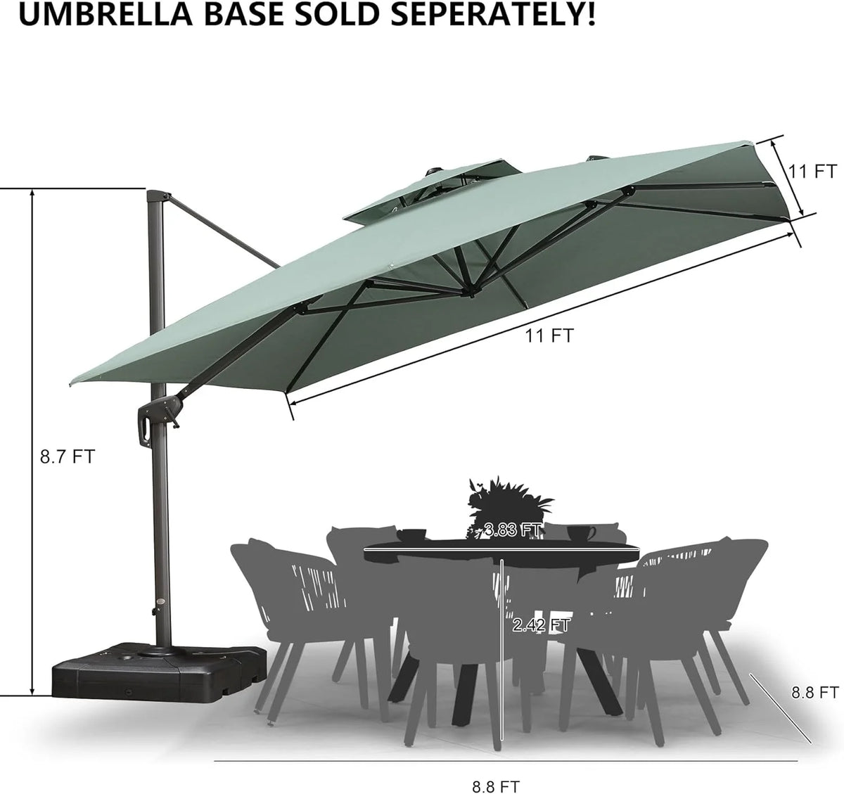 PURPLE LEAF Outdoor Cantilever Umbrella 10' X 13' Rectangle Umbrella Large Patio Umbrella Windproof Heavy Duty Hanging Offset Umbrella for Garden Outdoor Pool, Dark Grey