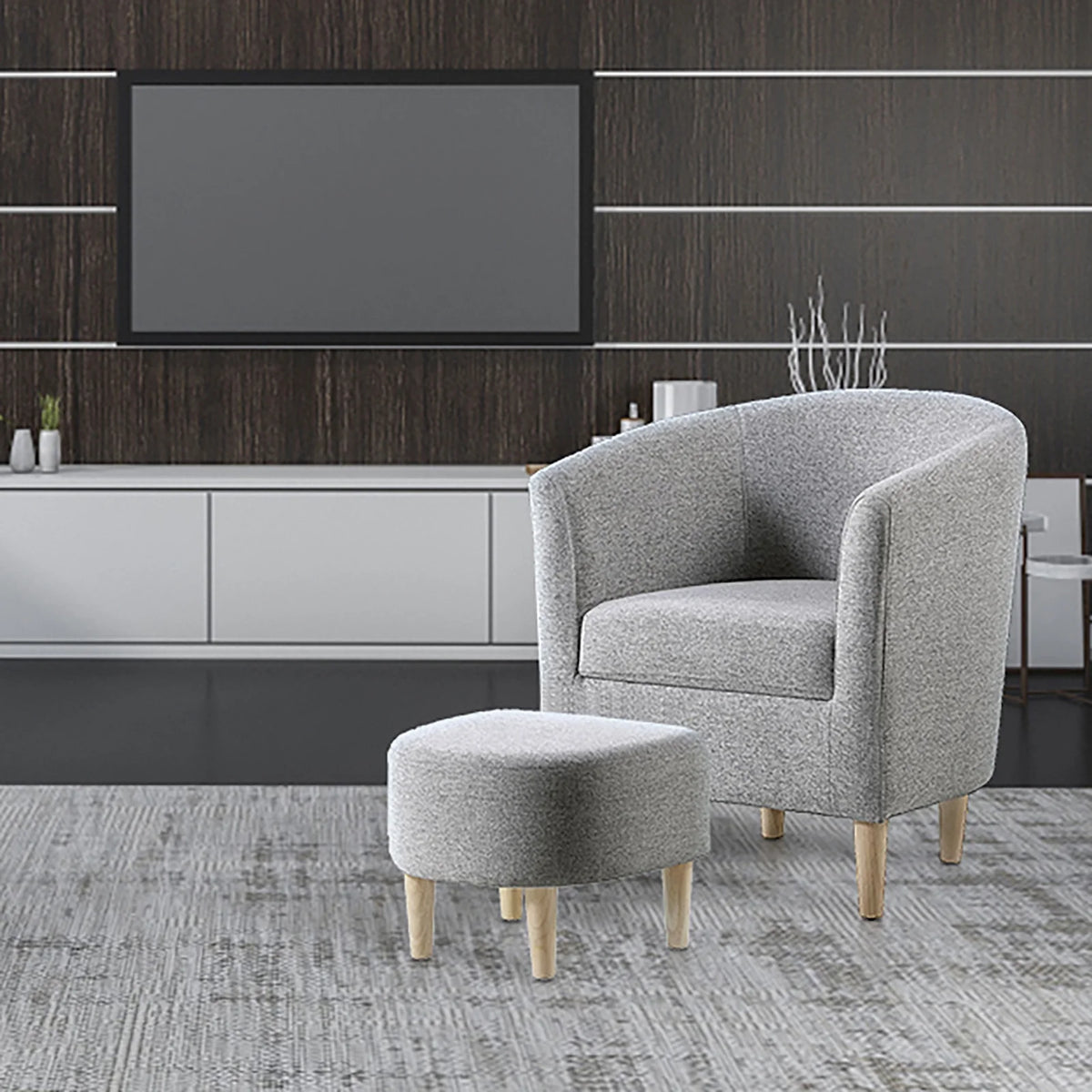 Lohoms Accent Arm Chair With Ottoman Set, Modern Home Leisure Chair with Footrest, Comfy Upholstered Armchair Single Sofa, Reading Chair with Solid Wood Legs for Living Room Bedroom, Gray