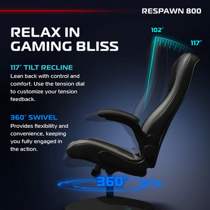 RESPAWN 800 Swivel Rocker Gaming Chair - Ergonomic Floor Gaming Seat with Lumbar Support, Flip Up Armrest, High Back, Pedestal Base, Comfortable No Wheels Console Video Game Rocker Chair - Red