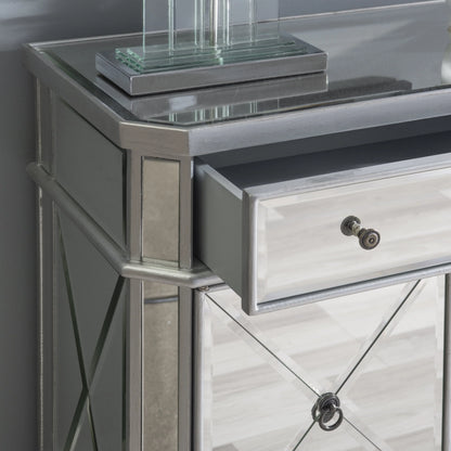 Powell Deville 2-Door Single Drawer Indoor Console Table with Shelves, Mirrored Surfaces and Luxe Silver Wood