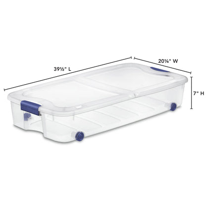 Sterilite 66 Quart Wheeled Latch Box, Clear Underbed Storage Bin with Lid, Blue, 4 Count