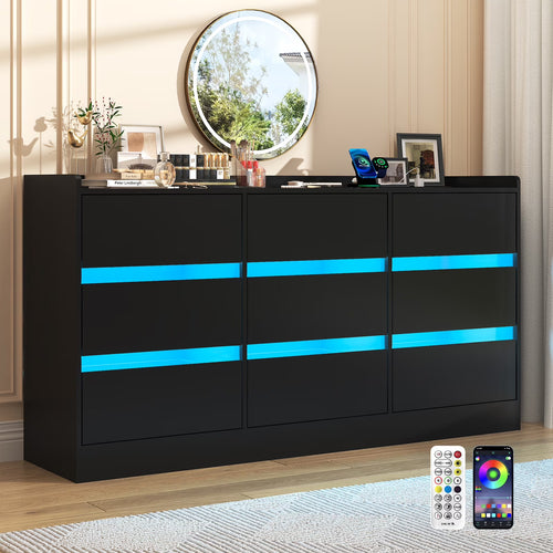 9 Drawer Dresser for Bedroom with Power Outlet, 63" Large Dresser with LED Light, Wooden Dresser For Closet, Chest of Drawers with Raised Edges