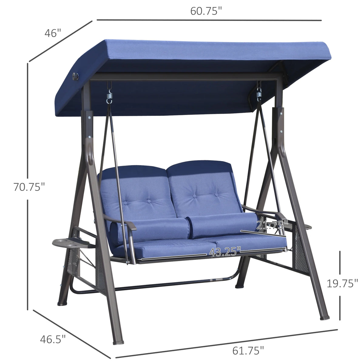 Outsunny 2-Person Patio Swing Bench with Adjustable Shade Canopy, Soft Cushions, Throw Pillows and Tray, Beige.