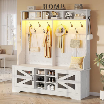 Hall Tree with Coat Rack and 16 Shoe Cubbies, 5-in-1 Entryway Bench with Bench and Shoe Storage, Barn Door & Adjustable Shelf, Embossed White