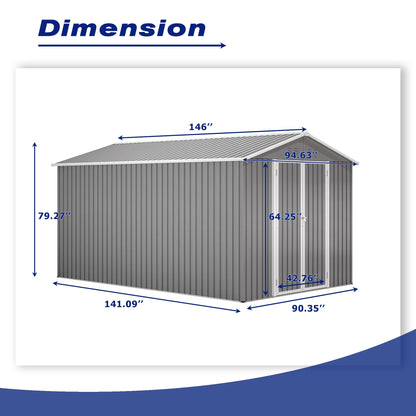 LZBEITEM 10 x 10 ft Outdoor Storage Shed with Floor Frame Kit, Galvanized Steel Garden Sheds, Garden Tool Shed with Double Lockable Doors for Backyard Patio Lawn, Grey