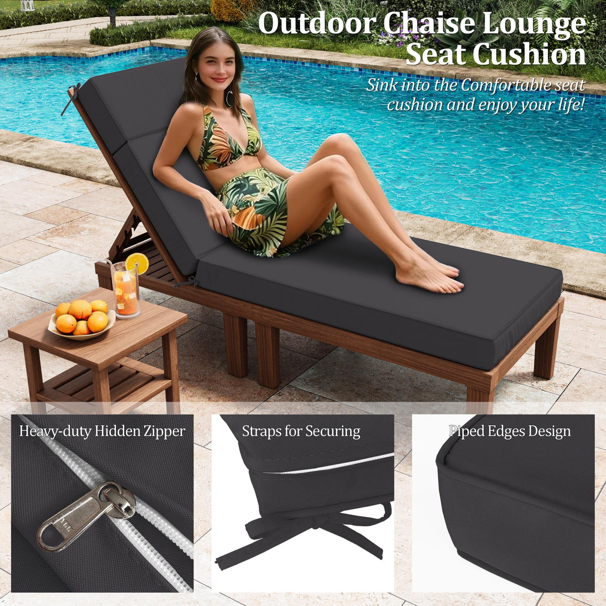 Kimunuk Outdoor Chaise Lounge Cushions set of 2, 80" x 26" x 4" Waterproof Pool Beach Recliner Replacement Cushions with Ties, Navy