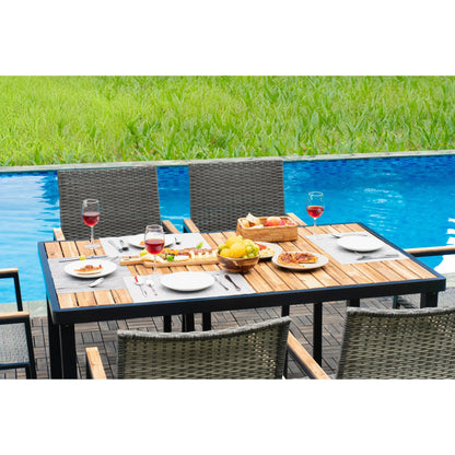 Seizeen 7-Piece Outdoor Table and Chairs, Patio Table Set with 6 Rattan Chairs, All-weather Outdoor Patio Dining Sets Rectangular Metal Table with Acacia Wood Top, Umbrella Hole, Gray