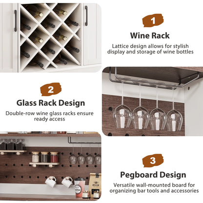 LAFGUR 72" Kitchen Storage Cabinet with Power Outlet & LED Light, Coffee Bar Cabinet with Drawers & Wine Glass Rack,Sideboard for Home,White