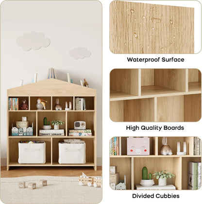DSstyles Kids Bookshelf 9-Cubby Toy Storage Organizer White Bookcase Toddlers Playhouse Cabinet Shelf for Boys Girls Wooden Storage Toy Shelf for Playroom, Nursery, Kids Room