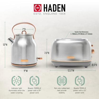 Haden Heritage 1.7 Liter Electric Kettle with 2 Slice Bread Toaster, White