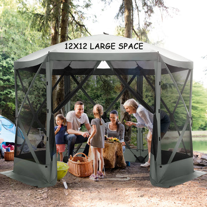 COBIZI 12'x12' Pop-up Gazebo Outdoor Camping Tent with 6 Sides Mosquito Netting, Waterproof, UV Resistant, Portable Screen House Room, Easy Set-up Party Tent with Carry bag, Ground Spike, Brown