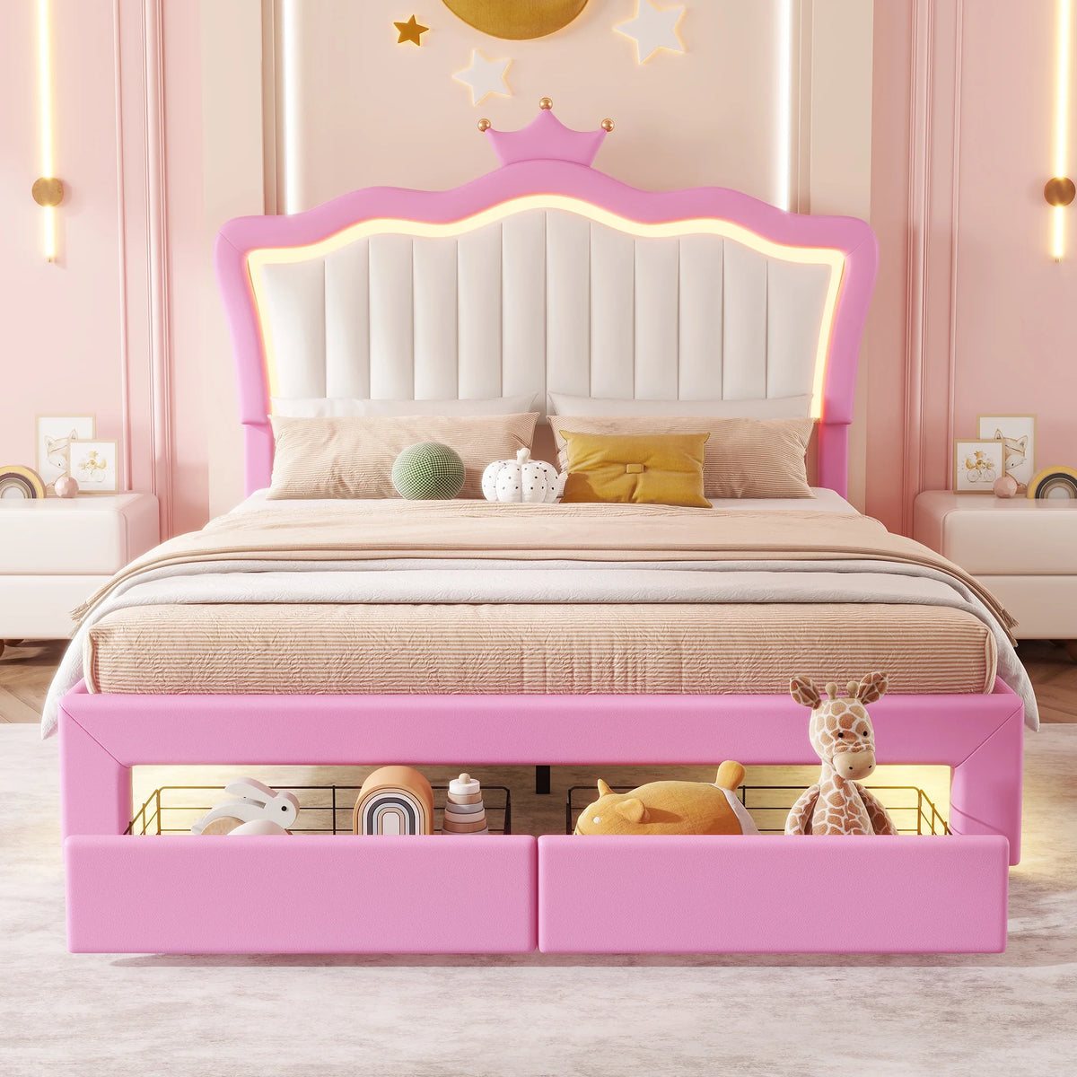 Miniyam Upholstered Twin Size Bed with LED Lights, Crown Headboard for Kids, Pink