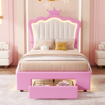 Miniyam Upholstered Twin Size Bed with LED Lights, Crown Headboard for Kids, Pink