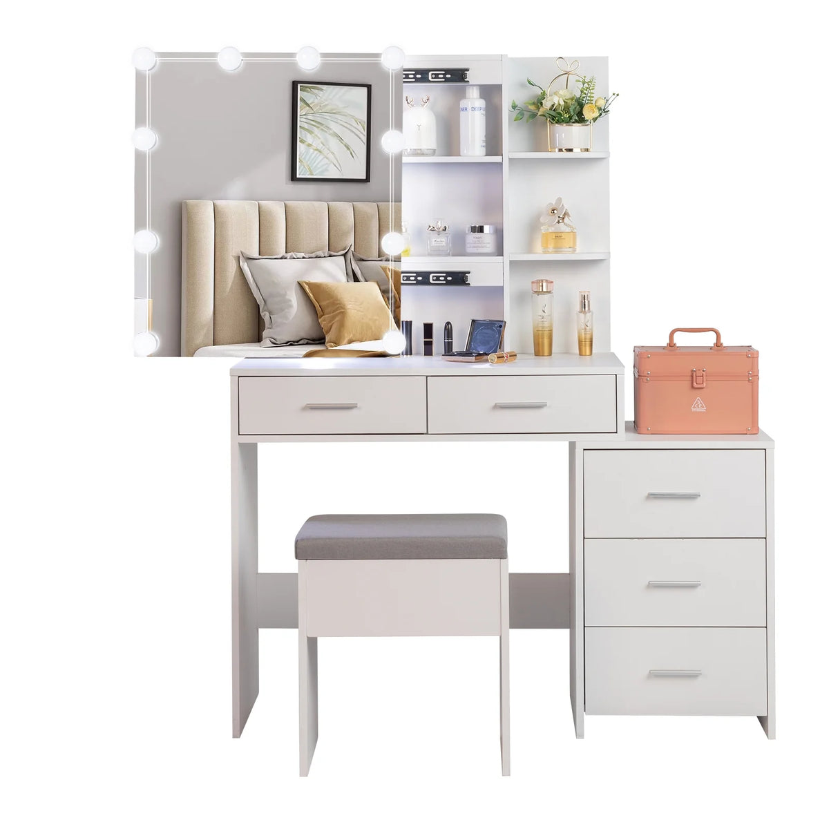 Ktaxon Flutted Makeup Vanity Table Set with 5 Drawer, Dressing Table w/Charging Station, Vanity Desk for Femal Gift, White