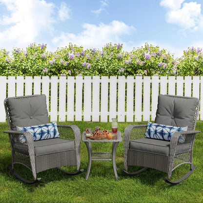 ELPOSUN 3-Piece Outdoor Rocking Chairs, Wicker Patio Furniture with Thickened Cushions and Table for Porch