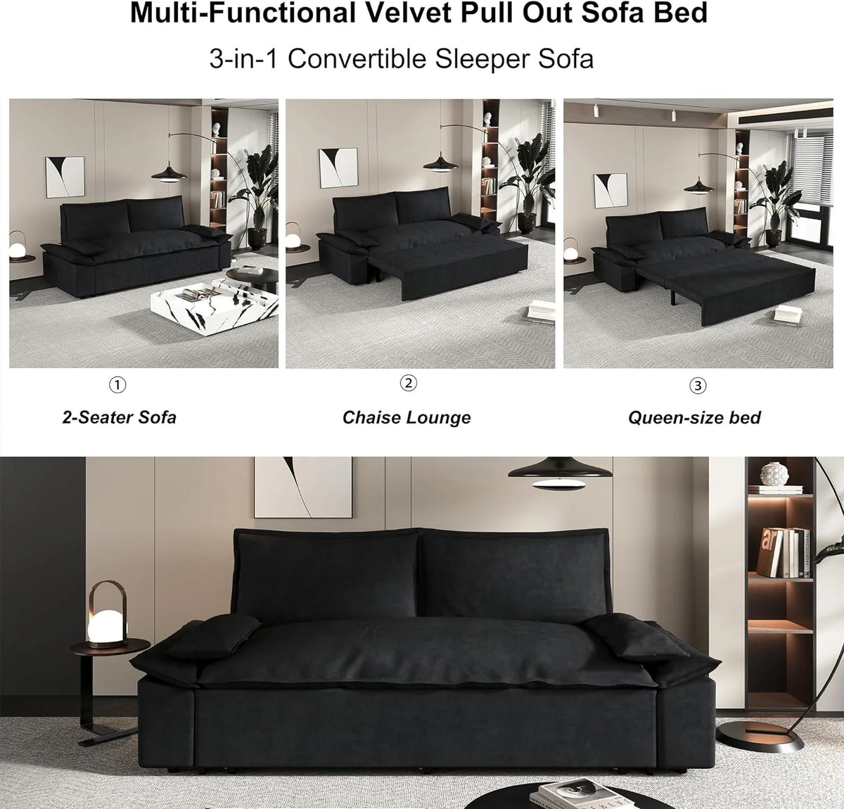 Tabaray 63.8" Futon Sofa Bed Queen Size, Pull Out Bed, 3-in-1 Convertible Sleeper Sofa with Side Pocket, Modern Plush Velvet Futon Couch for Living Room, Small Space, Apartment, Bedroom, Black