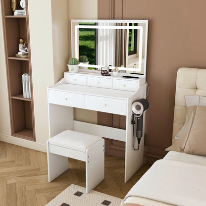Kadyn Vanity Desk with Lighted Mirror, Vanity Table and Chair Set with 2 Drawers, Dressing Table Makeup Desk with 1 Door, Retro Gray
