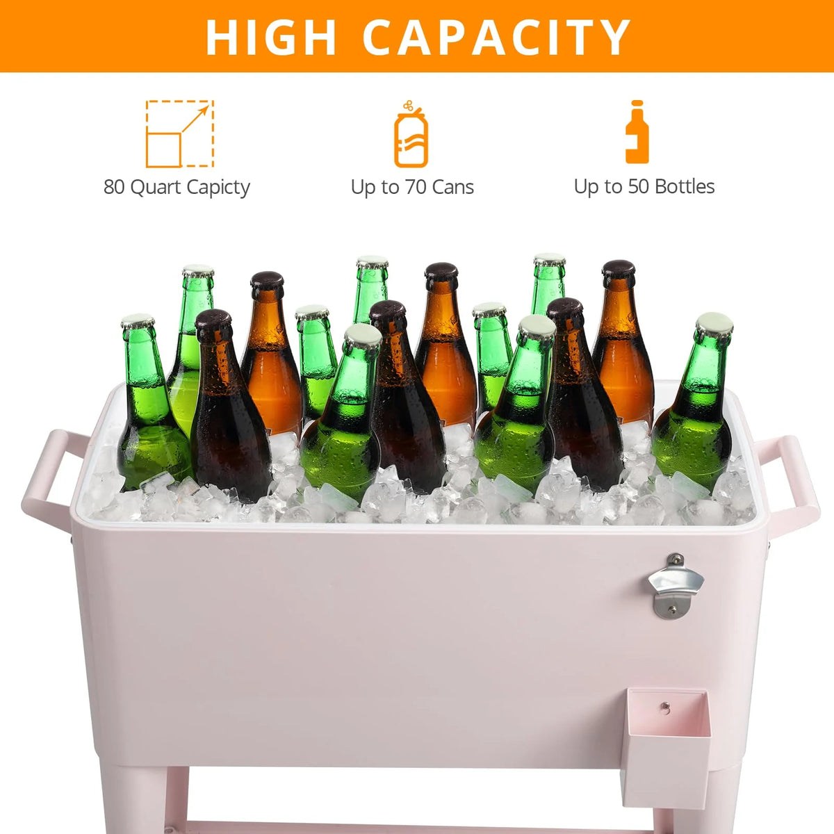 BNSPLY 80 Quart Outdoor Cooler Cart Rolling Ice Chest Cooler Cart, Portable Patio Cooler with Bottle Opener, Handles and Drainage, Standing Cooler for Patio Party, Camping and BBQ, Mint Green