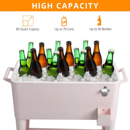 BNSPLY 80 Quart Outdoor Cooler Cart Rolling Ice Chest Cooler Cart, Portable Patio Cooler with Bottle Opener, Handles and Drainage, Standing Cooler for Patio Party, Camping and BBQ, Mint Green