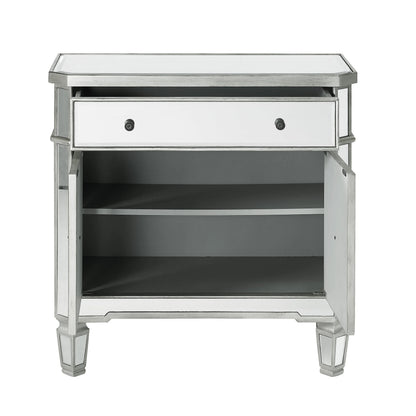 Powell Deville 2-Door Single Drawer Indoor Console Table with Shelves, Mirrored Surfaces and Luxe Silver Wood