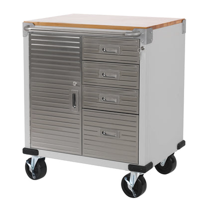 Seville Classics UltraHD® Heavy Duty Rolling Cabinet Workbench Table w/ Solid Wood Top, Workstation for Garage, Office, Workshop, Granite, 1-Door, 4-Drawer (28" W x 25" D)