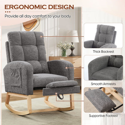 FFH Rocking Chair Nursery, Tufted Accent Rocker Chair, Upholstered Armchair with Adjustable Footrest, Side Pocket, High Backrest, Padded Seat, Polyester Blend (Retro, Dark Gray)